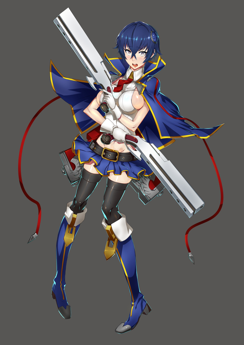 absurdres belt black_legwear blazblue blazblue:_cross_tag_battle blue_hair blush boots breasts capelet commentary_request cosplay dual_wielding eyebrows_visible_through_hair gloves gun hair_between_eyes highres holding ippo knee_boots large_breasts looking_at_viewer midriff navel necktie noel_vermillion noel_vermillion_(cosplay) open_mouth persona persona_4 shiny shiny_hair shiny_skin shirogane_naoto short_hair sideboob simple_background skindentation skirt solo standing sweatdrop thighhighs weapon