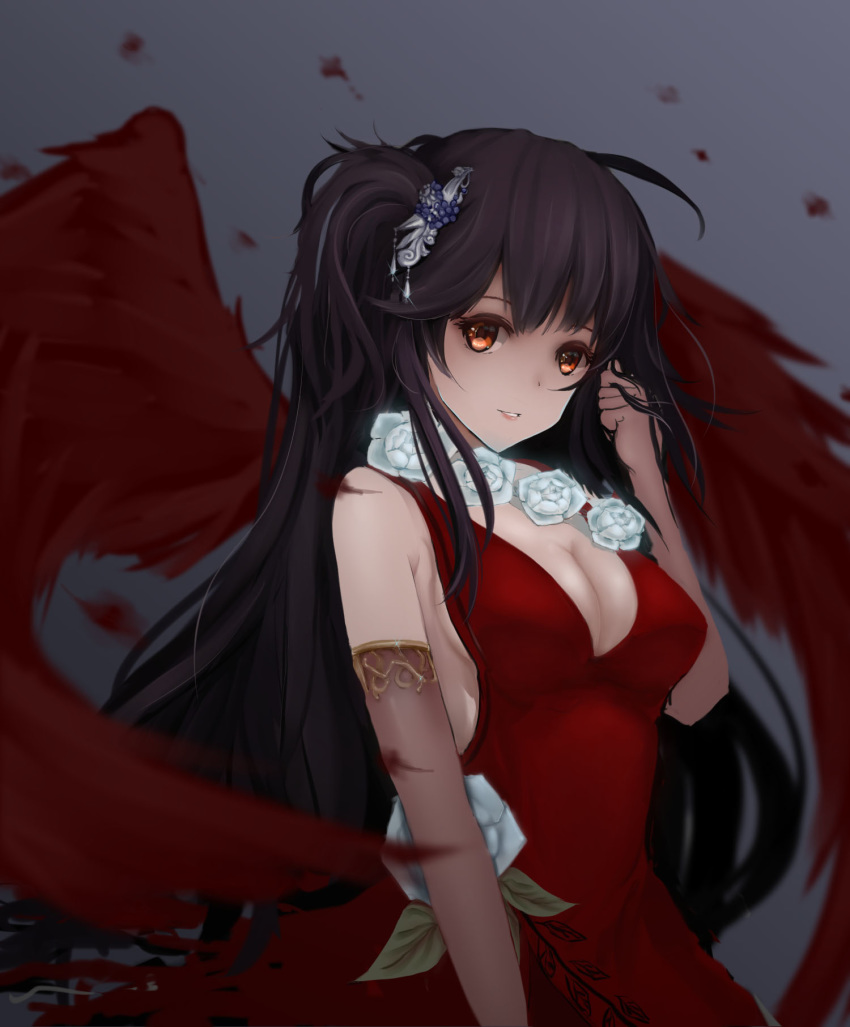 asymmetrical_gloves bangs black_hair breasts brown_gloves cleavage dress elbow_gloves feathered_wings flower gloves grey_background hair_between_eyes hair_ornament hand_in_hair highres long_hair looking_at_viewer mabinogi medium_breasts orange_eyes parted_lips poet red_dress red_wings side_ponytail sideboob simple_background sleeveless sleeveless_dress solo very_long_hair white_flower wings