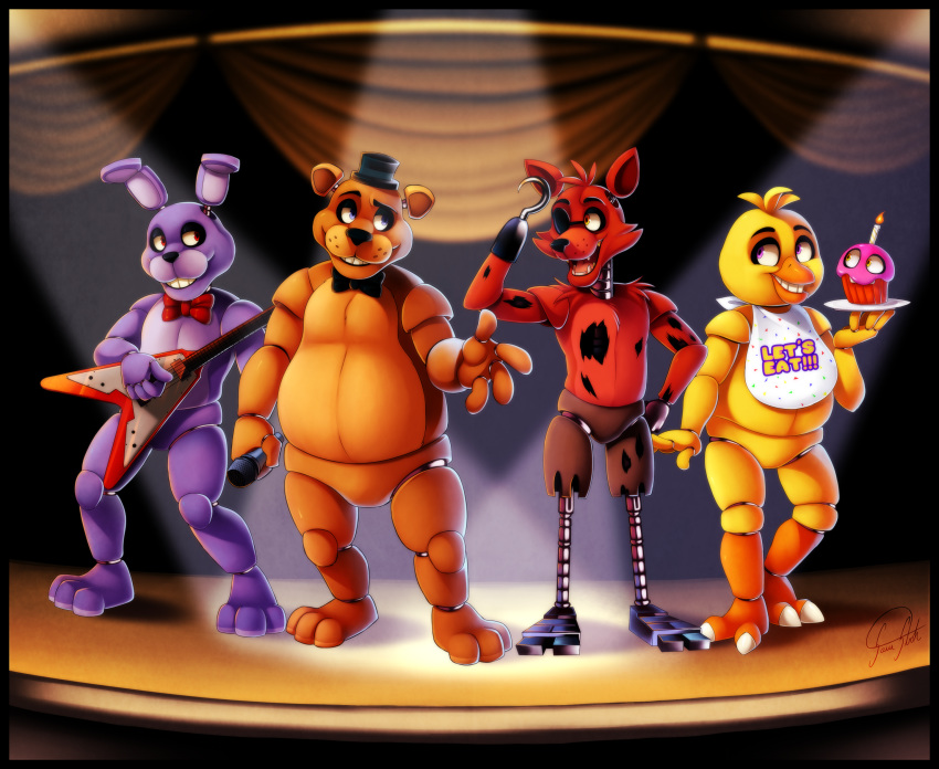 animatronic anthro avian bear bird bonnie_(fnaf) candle canine centchi chica_(fnaf) chicken cupcake_(fnaf) female fire five_nights_at_freddy's food fox foxy_(fnaf) freddy_(fnaf) group guitar hat hook lagomorph machine male mammal musical_instrument rabbit robot smile teeth tongue video_games