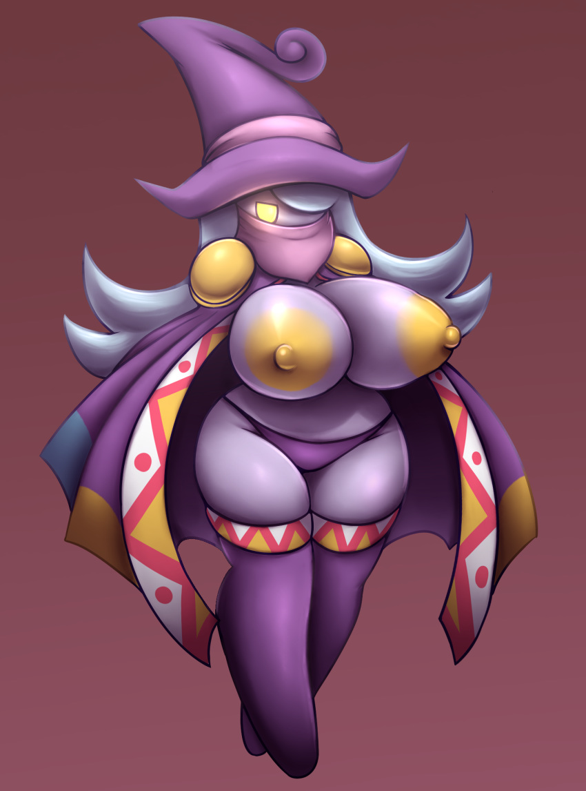 areola bandanna big_breasts blue_hair breasts cloak clothed clothing drawcia elfdrago female hair hat hi_res humanoid kirby_(series) nintendo nipples not_furry red_background simple_background solo topless video_games witch_hat yellow_areola yellow_eyes yellow_nipples