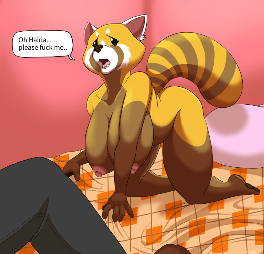 aggressive_retsuko all_fours ambiguous_gender anthro bed big_breasts breasts duo english_text female haida huge_breasts inside mammal merffle nipples nude red_panda retsuko sanrio slightly_chubby solo_focus text thick_thighs voluptuous