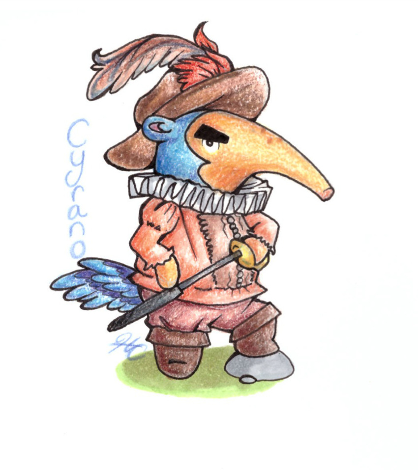 2016 absurd_res animal_crossing anteater anthro biped black_eyes blue_body blue_tail boots character_name clothed clothing cosplay cyrano_(animal_crossing) cyrano_de_bergerac_(character) cyrano_de_bergerac_(play) english_text eyebrows feathers fluffy fluffy_tail footwear freckles full-length_portrait furgonomics grass hat hi_res holding_object holding_weapon long_snout looking_at_viewer loose_feather male mammal melee_weapon nintendo pants portrait rapier rock ruff_(clothing) scabbard shadow shirt side_view simple_background snout solo standing sword tail_button_bottoms tail_clothing tan_body text thick_eyebrows two_tone_body video_games watersnail weapon white_background