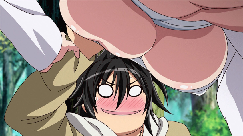 1boy 1girl animated animated_gif bandage black_hair blush breast_fondle breast_grab breast_squeeze breasts erect_nipples erect_nipples_under_clothes gigantic_breasts guided_breast_grab hizuki_touko hoods_entertainment kagaku_na_yatsura kaneko_hiraku komaba_haruki labcoat sweat underboob