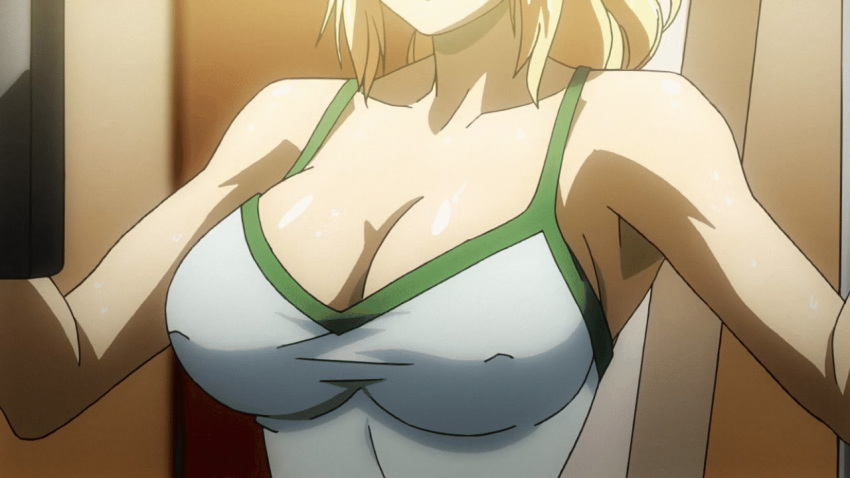 1girl animated animated_gif bare_shoulders blonde_hair bouncing_breasts breasts cleavage female freezing_(series) head_out_of_frame large_breasts long_hair satellizer_el_bridget solo training