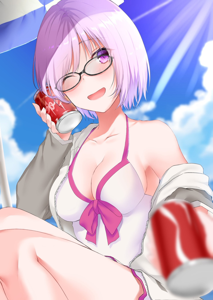 beach_umbrella blue_sky blurry blush breasts can can_to_cheek cleavage cloud collarbone commentary_request depth_of_field eyebrows_visible_through_hair fate/grand_order fate_(series) giving glasses hair_over_one_eye highres hizuki_higure jacket jacket_over_swimsuit mash_kyrielight open_mouth purple_eyes purple_hair short_hair sky smile soda_can swimsuit swimsuit_of_perpetual_summer swimsuit_under_clothes umbrella