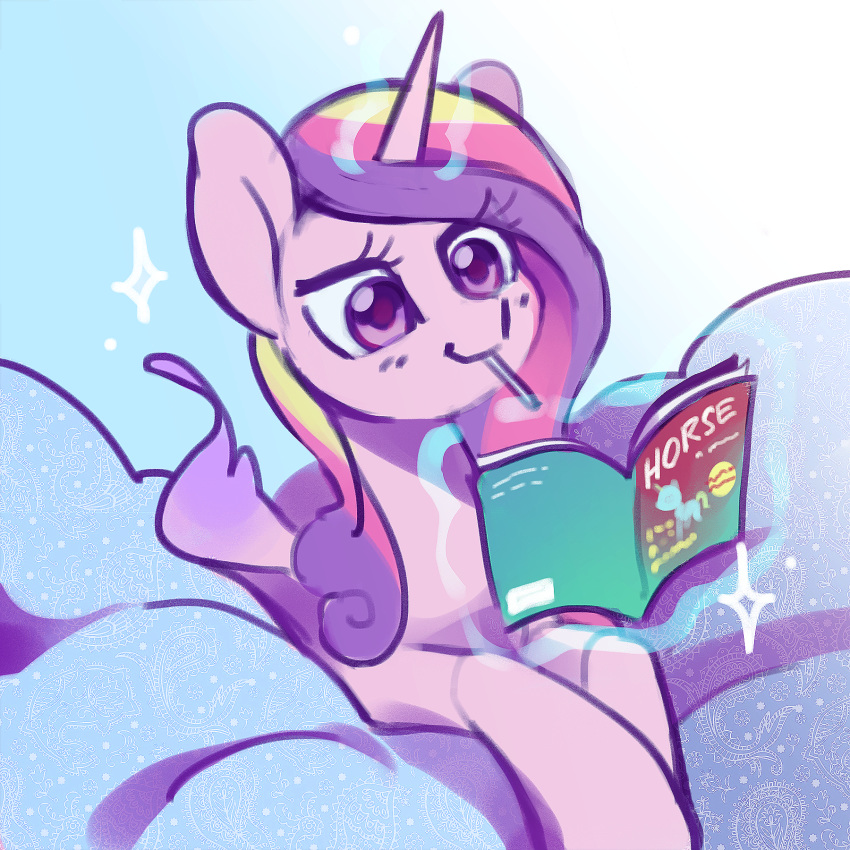 2018 blush celebi-yoshi cloud cute english_text equine eyelashes feathered_wings feathers female feral friendship_is_magic hair hi_res hooves horn levitation lying magazine magic mammal multicolored_hair my_little_pony nude on_front outside portrait princess_cadance_(mlp) purple_eyes purple_feathers reading sky smile solo sparkles sunlight text winged_unicorn wings