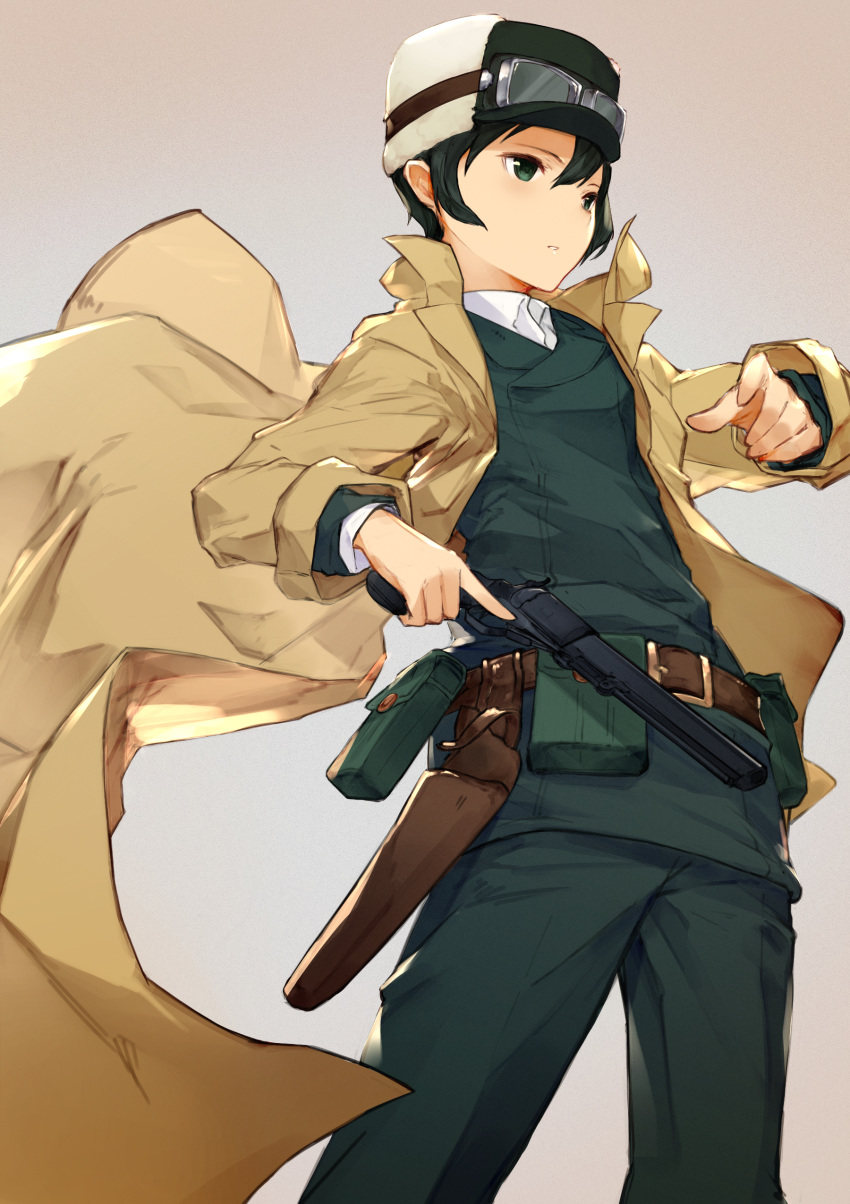 absurdres bangs belt belt_buckle black_hair brown_belt buckle coat colt_1851_navy goggles goggles_on_headwear green_eyes green_pants gun hair_between_eyes handgun hat highres holding holding_gun holding_weapon holster kino kino_no_tabi legs_apart long_sleeves open_clothes open_coat pants pouch reverse_trap revolver short_hair solo standing trigger_discipline weapon yashigaras