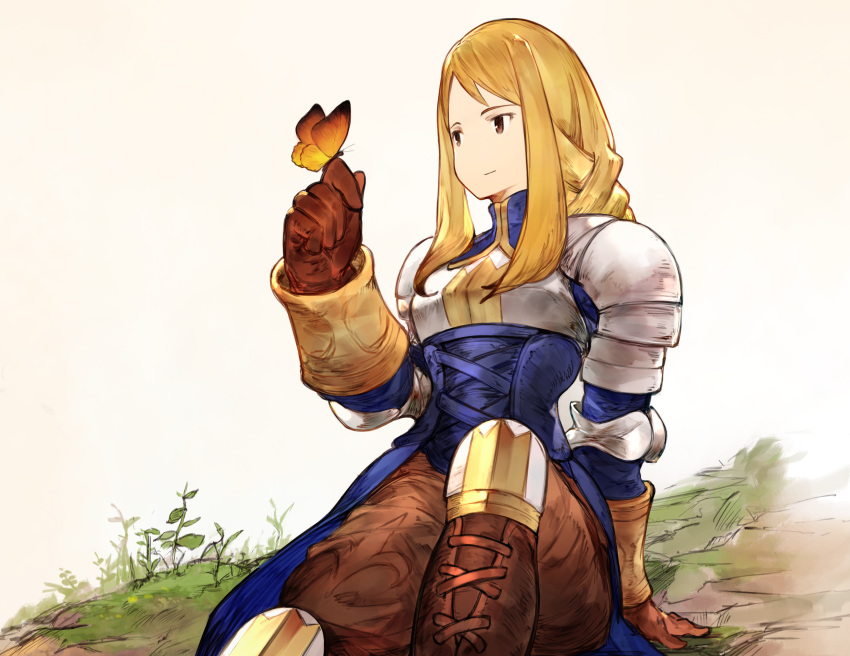 absurdres agrias_oaks arm_behind_back arm_support armor blonde_hair braid breastplate brown_eyes brown_gloves bug butterfly closed_mouth final_fantasy final_fantasy_tactics gloves grass hand_up highres insect knee_pads leaf long_hair no_nose official_style plant shoulder_pads sidelocks single_braid sitting smile solo yashigaras