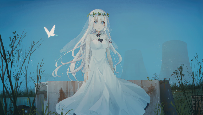 bad_id bad_pixiv_id bangs blue_eyes blue_sky braid breasts bridal_veil bug butterfly chihuri commentary cooling_tower crying crying_with_eyes_open day dress english_commentary eyebrows_visible_through_hair feet_out_of_frame frilled_dress frills grass hair_ribbon highres insect long_dress long_hair long_sleeves medium_breasts nuclear_powerplant original outdoors ribbon sky solo standing tears veil wedding_dress white_dress white_hair wreath