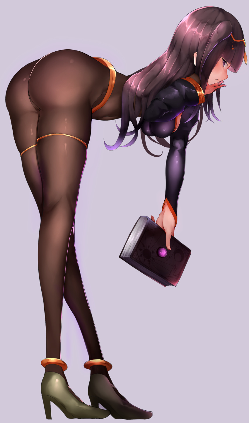 absurdres ass bent_over black_hair bodysuit book boruhis breasts circlet covered_navel fire_emblem fire_emblem:_kakusei full_body grey_background hand_on_own_chin high_heels highres long_hair looking_at_viewer medium_breasts profile purple_eyes simple_background skin_tight solo standing tharja