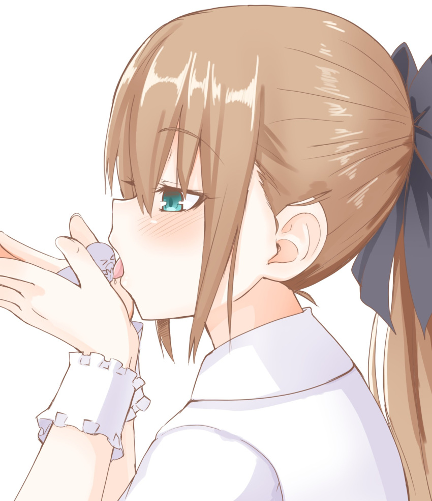 &gt;_&lt; 1girl blush character_request copyright_request giantess niwaka_potato ponytail profile simple_background vore white_background