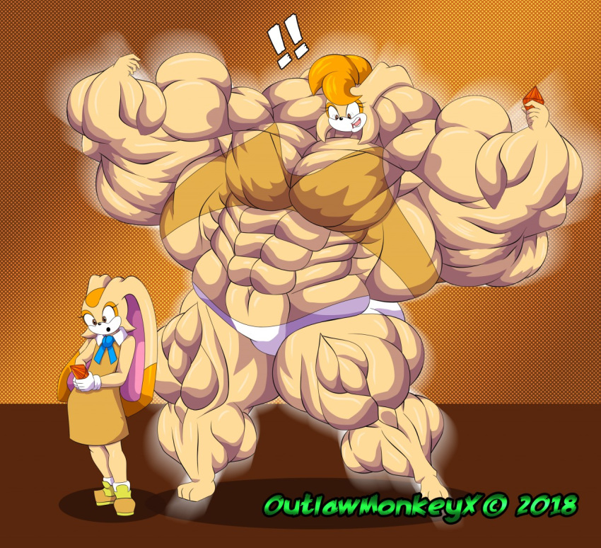 2018 abs amazon anthro biceps clothed clothing cream_the_rabbit digital_media_(artwork) female footwear gem gloves growth hair hyper hyper_muscles lagomorph long_ears mammal muscle_growth muscular muscular_female navel open_mouth outlawmonkeyx pecs rabbit solo sonic_(series) standing thick_thighs transformation underwear video_games