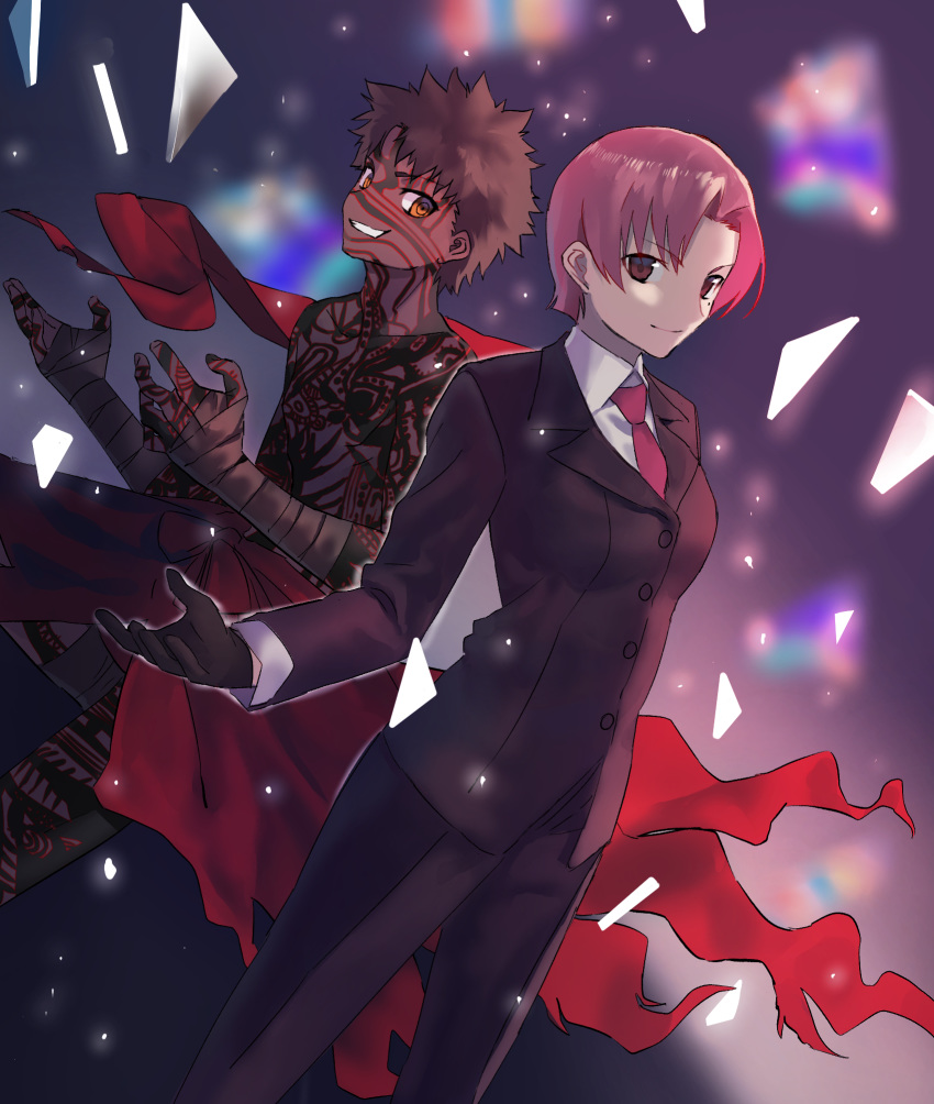 1girl avenger bandages bazett_fraga_mcremitz black_gloves black_jacket black_pants brown_eyes brown_hair dark_skin dutch_angle eyebrows_visible_through_hair fate/hollow_ataraxia fate_(series) formal gloves grin highres jacket kaerude123 looking_at_viewer necktie orange_eyes pant_suit pants red_hair red_neckwear shirt short_hair smile standing suit tattoo white_shirt