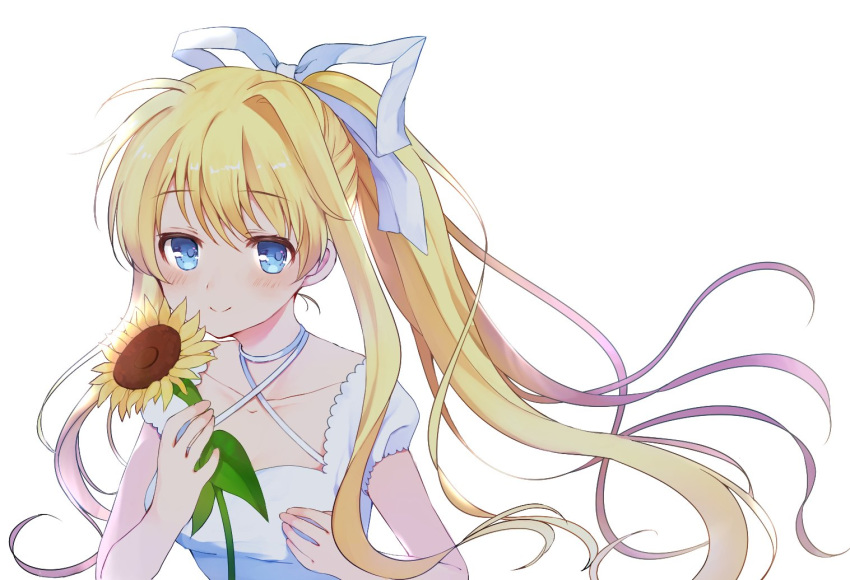 air blonde_hair blue_eyes dress eyebrows_visible_through_hair flower hair_ribbon kamio_misuzu light_smile looking_at_viewer ponytail ribbon short_sleeves simple_background smile solo sunflower upper_body white_background white_dress white_ribbon yushima