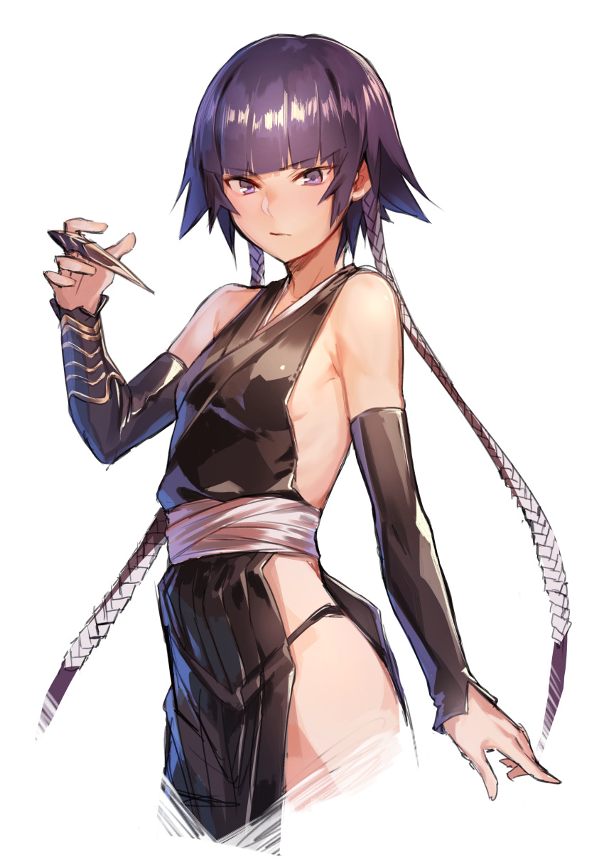 :/ absurdres bangs bare_shoulders bleach blunt_bangs breasts claw_(weapon) commentary_request cowboy_shot dark_skin deluxe&lt;&lt;&lt; detached_sleeves eyebrows_visible_through_hair hand_up highres looking_at_viewer purple_eyes purple_hair sash short_hair_with_long_locks side_slit sideboob simple_background small_breasts solo sui-feng weapon white_background