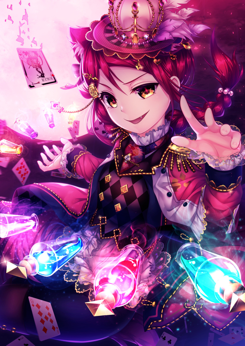 :d animal_ears argyle braid card center_frills commentary_request cupping_hand epaulettes fang floating floating_object frilled_sleeves frills full_moon glowing hair_ornament hairclip hat highres jacket joker kemonomimi_mode kyouou_ena long_hair long_sleeves looking_at_viewer love_live! love_live!_school_idol_festival love_live!_sunshine!! moon open_mouth orange_eyes outstretched_hand playing_card red_hair sakurauchi_riko single_braid skirt smile solo v-shaped_eyebrows vial