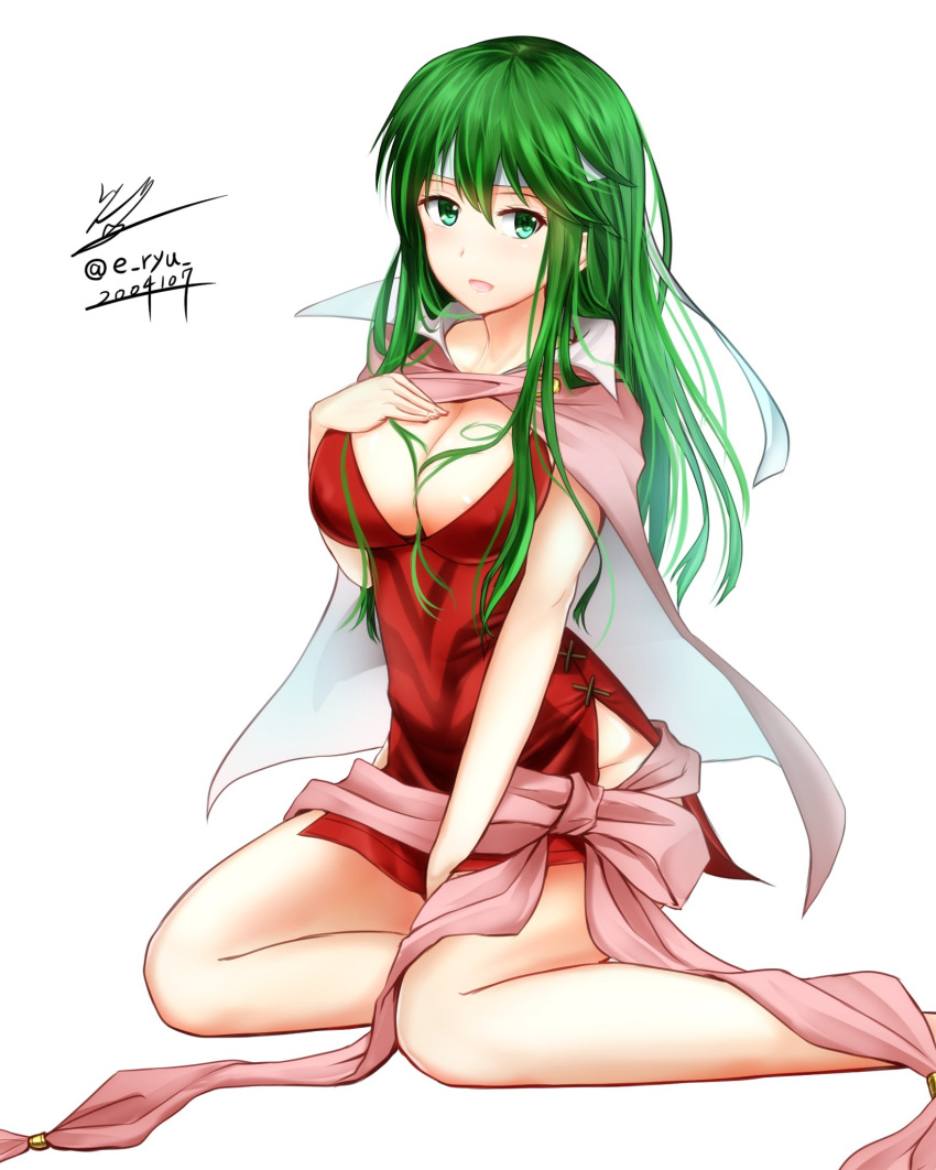 breasts cape chiki chiki_(cosplay) cleavage commentary_request cosplay dress eeryuu_(2004107) fire_emblem fire_emblem:_kakusei fire_emblem:_monshou_no_nazo fire_emblem_heroes green_eyes green_hair headband highres large_breasts long_hair open_mouth paola pelvic_curtain red_dress short_dress sidelocks simple_background sitting solo twitter_username white_background