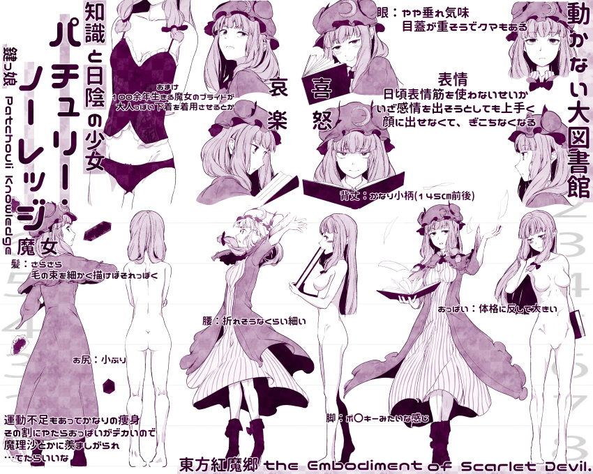 absurdres book bow breasts commentary_request crescent crescent_hair_ornament dress expressions hair_ornament hair_ribbon hat hat_ribbon highres hiyuu_(flying_bear) long_hair mob_cap monochrome nude patchouli_knowledge purple ribbon striped striped_dress touhou translation_request