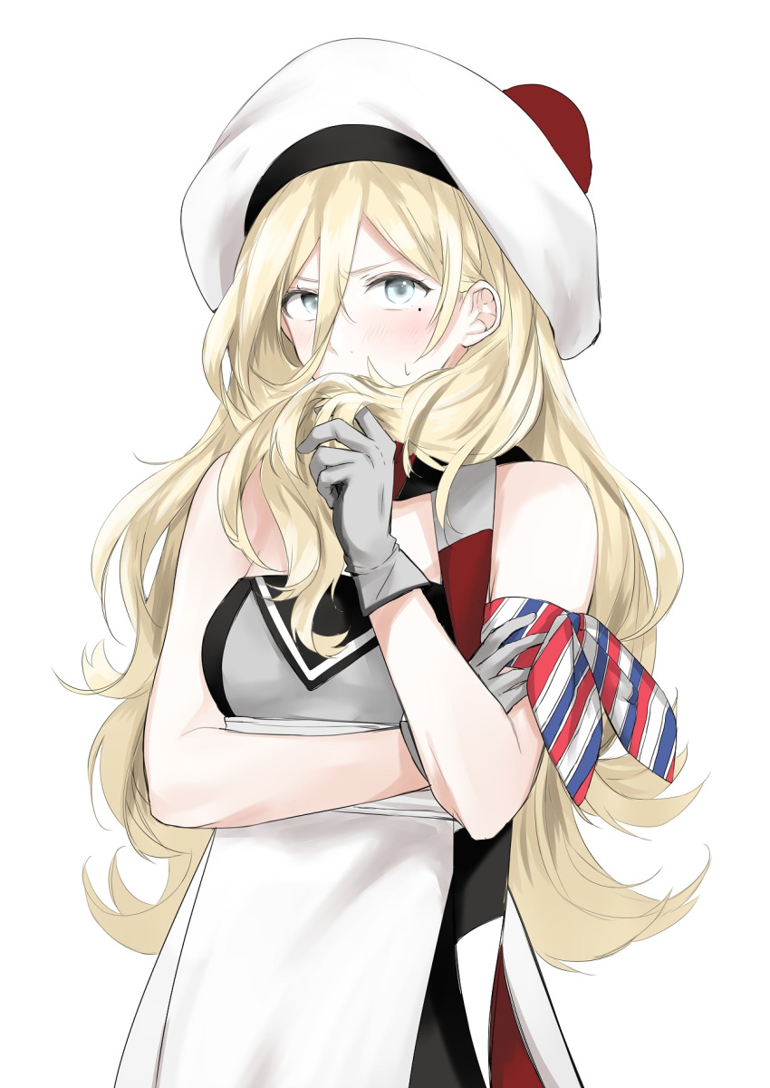armband bare_shoulders beret blonde_hair blue_eyes blush dress gloves grey_gloves hat highres kantai_collection long_hair mole mole_under_eye morinaga_miki pom_pom_(clothes) richelieu_(kantai_collection) simple_background solo strapless strapless_dress white_background white_dress white_hat