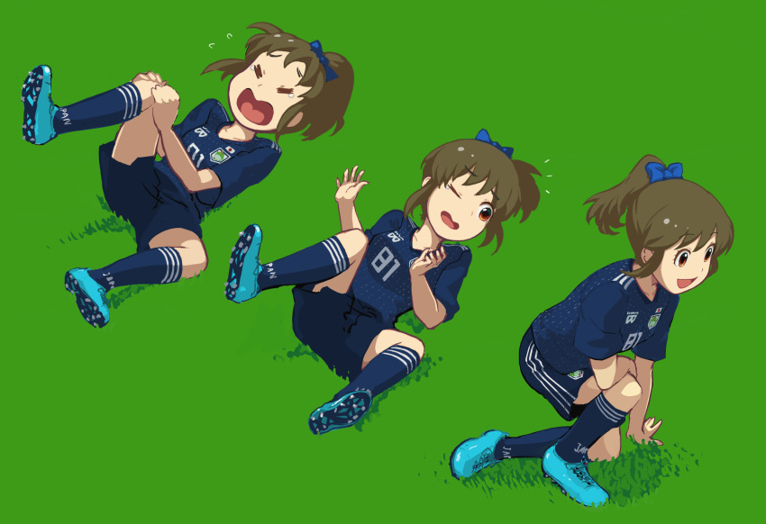 2018_fifa_world_cup :d absurdres brown_eyes brown_hair check_commentary commentary_request grass highres holding_legs hori_yuuko idolmaster idolmaster_cinderella_girls japan multiple_views negy one_eye_closed open_mouth ponytail rolling sequential shorts smile soccer soccer_uniform sportswear tears truth uniform world_cup