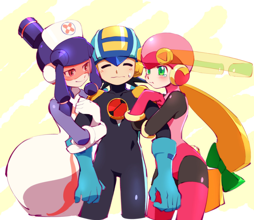 2girls arm_hug blonde_hair blue_hair blush bodysuit closed_eyes cowboy_shot cropped_legs elbow_gloves glasses gloves green_eyes hat helmet kon_(kin219) long_hair low-tied_long_hair low_tied_hair medi multiple_girls netnavi nurse_cap pout robot_ears rockman rockman_exe rockman_exe_(character) roll_exe sidelocks smile sweatdrop wavy_mouth