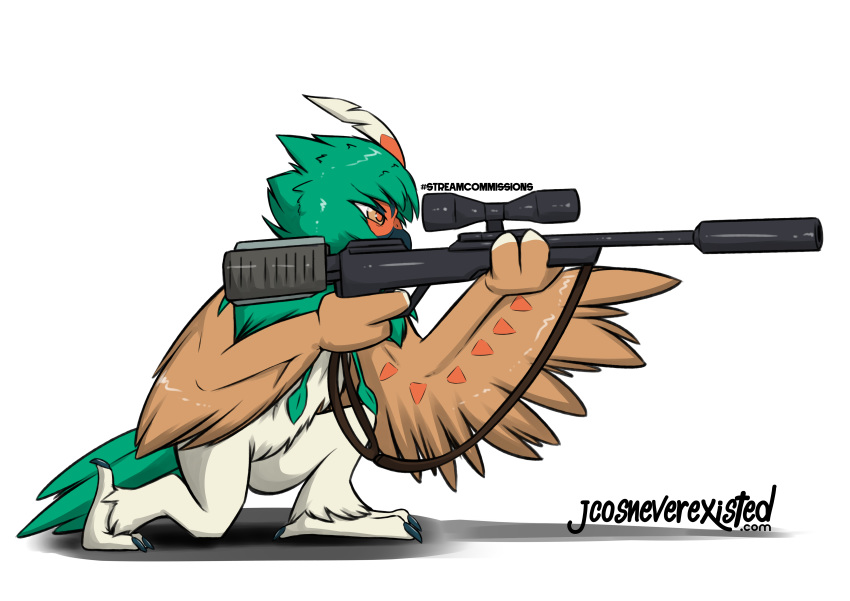 absurd_res alpha_channel ambiguous_gender anthro avian beak bird decidueye feathers gun hi_res holding_object holding_weapon jcosneverexisted kneeling male mammal nintendo nude owl pok&eacute;mon pok&eacute;mon_(species) pseudo_clothing ranged_weapon rifle simple_background sniper_rifle solo transparent_background video_games weapon wings