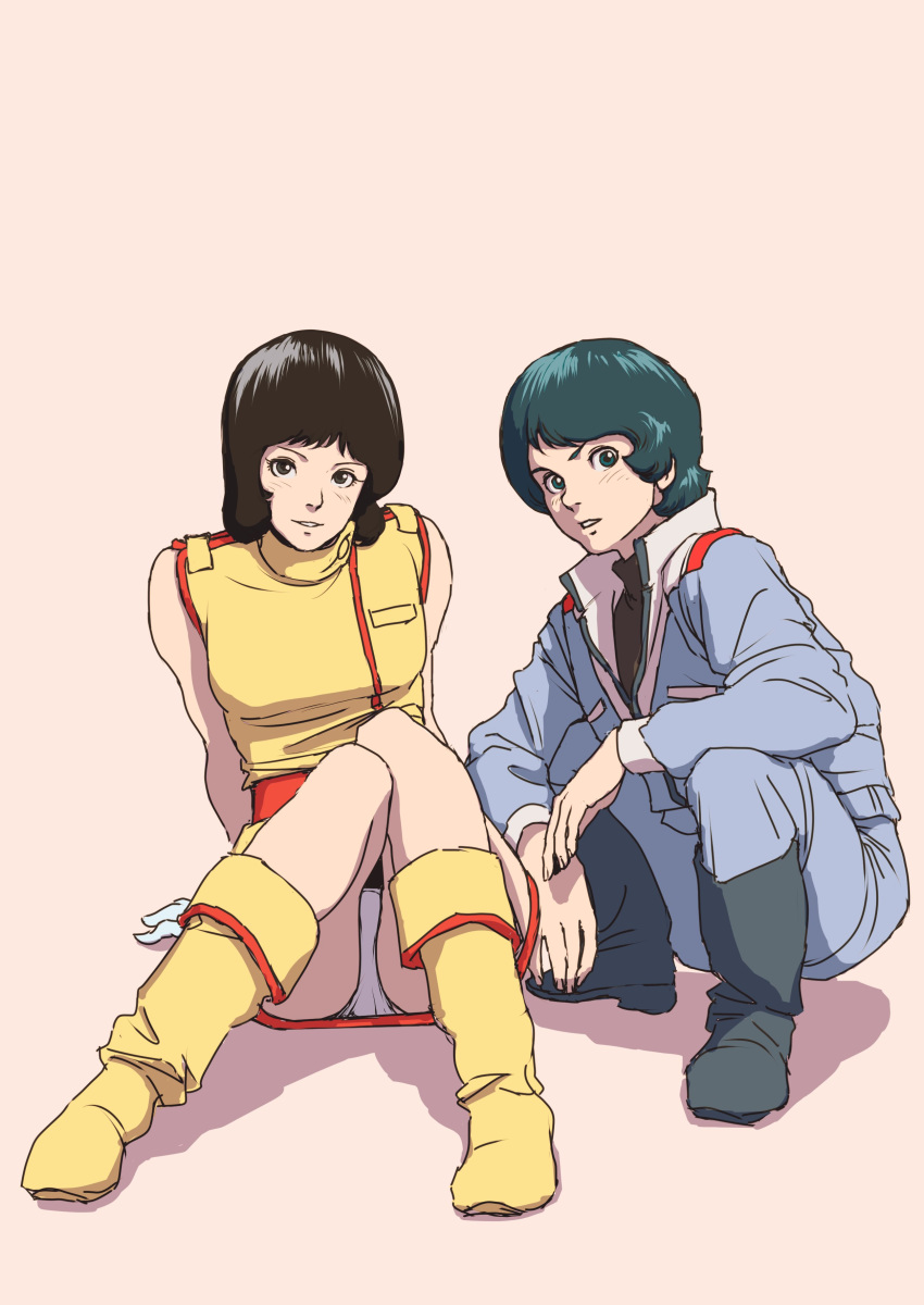 1girl absurdres black_eyes black_hair blue_hair boots fa_yuiry green_eyes gundam highres kamille_bidan looking_at_viewer simple_background sitting smile squatting teikoku_jokyoku zeta_gundam