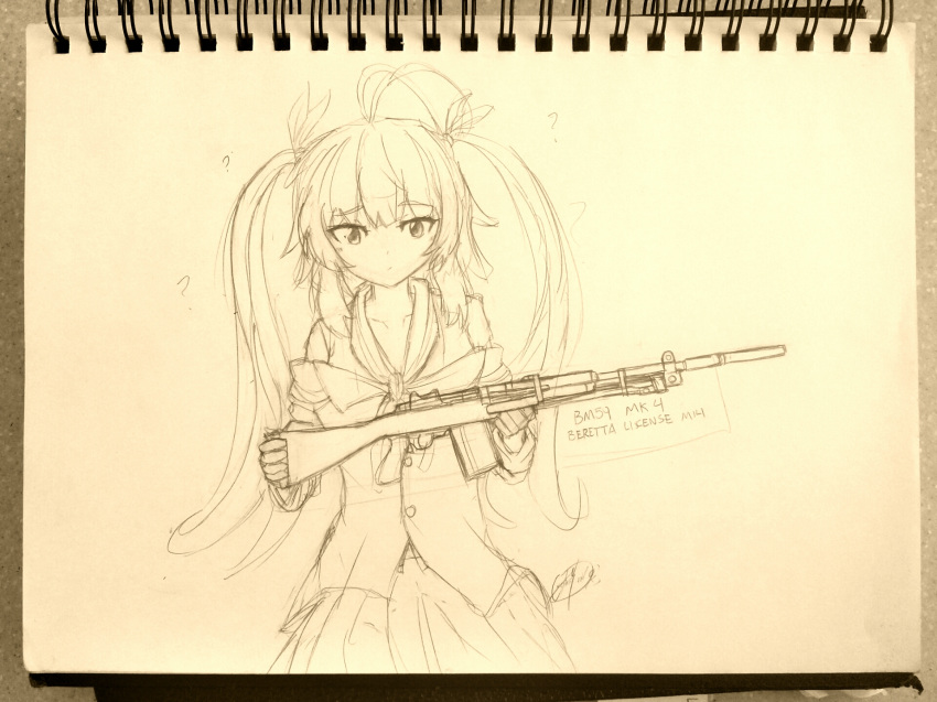 ? battle_rifle bm59_mk4 commentary confused girls_frontline gun hair_ribbon highres holding holding_weapon m14 m14_(girls_frontline) military ribbon rifle school_uniform self_upload sketch solo traditional_media twintails uniform weapon yun