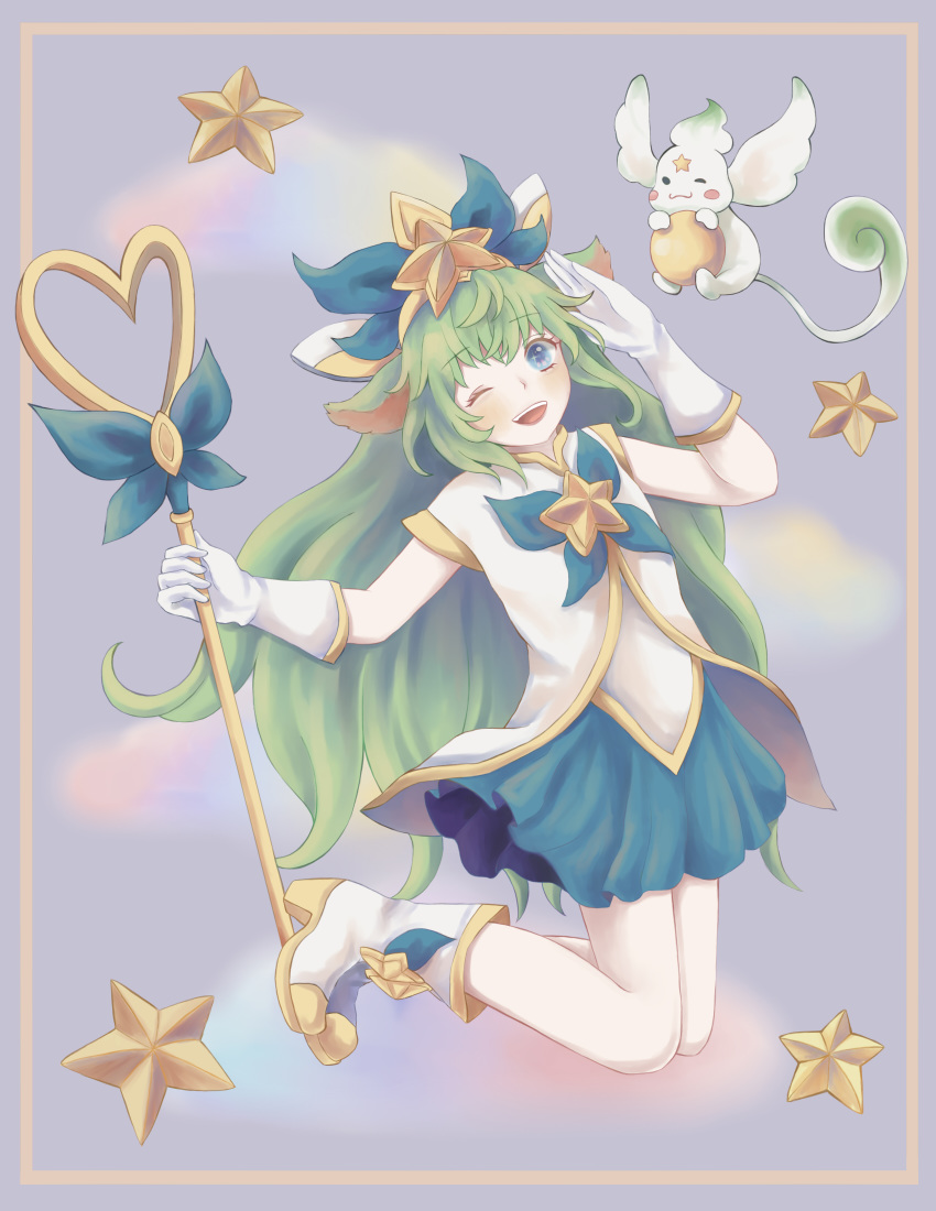 1girl alternate_costume alternate_hair_color alternate_hairstyle blue_eyes fluffy_ears gloves green_hair high_heel_boots league_of_legends lulu_(league_of_legends) magical_girl pix_(league_of_legends) pointy_ears staff star_guardian_lulu wink yordle