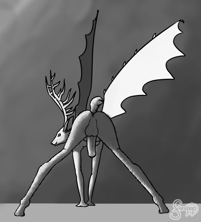 anthro antlers anus backsack balls butt cervine demon fizzpop furfur greyscale hi_res horn male mammal monochrome nude penis presenting rear_view simple_background solo wings