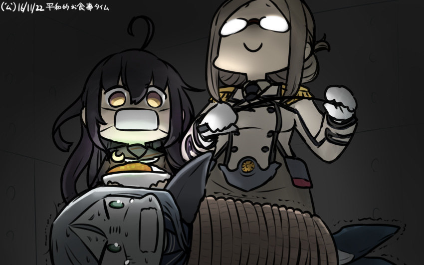 ahoge black_hair black_serafuku bound brown_hair commentary_request crescent crescent_moon_pin curry curry_rice dated epaulettes folded_ponytail food gag glasses gloves hamu_koutarou highres improvised_gag kantai_collection katori_(kantai_collection) long_hair mikazuki_(kantai_collection) military military_uniform multiple_girls necktie pointer rice school_uniform serafuku shinkaisei-kan smile surgical_mask ta-class_battleship tape tape_gag tearing_up tied_up trembling uniform white_neckwear