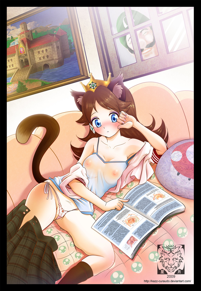 1up_mushroom animal_ears bare_shoulders blush book breasts cat_ears cat_tail cleavage cloudxmoe couch highres kemonomimi_mode lingerie luigi lying mario_(series) mushroom nintendo nipples open_clothes organs panties peeping photo princess princess_daisy pussy reading see-through skirt spying super_mario super_mario_bros. super_mario_land super_mushroom tail tank_top tanktop underwear when_you_see_it