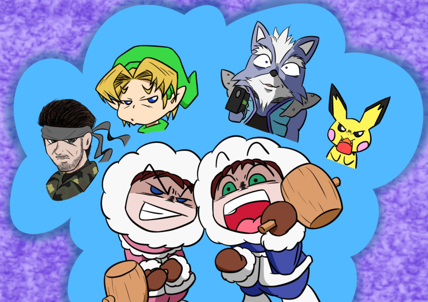 anthro canine clothing crossover evil_grin female group gun hammer handgun headband hi_res human humanoid hylian konami male mammal metal_gear nana_(ice_climber) nintendo open_mouth pichu pok&eacute;mon pok&eacute;mon_(species) popo_(ice_climber) ranged_weapon smile solid_snake star_fox super_smash_bros the_legend_of_zelda tools video_games weapon wolf wolf_o'donnell young_link ウォレス