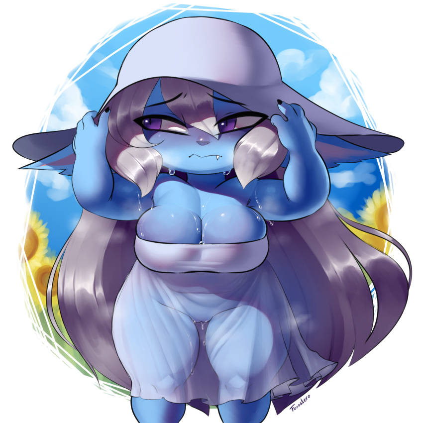 big_breasts blue_skin breasts cleavage clothed clothing fangs female forastero hat humanoid league_of_legends mammal poppy_(lol) purple_eyes pussy riot_games short_stack solo sweat thick_thighs video_games yordle