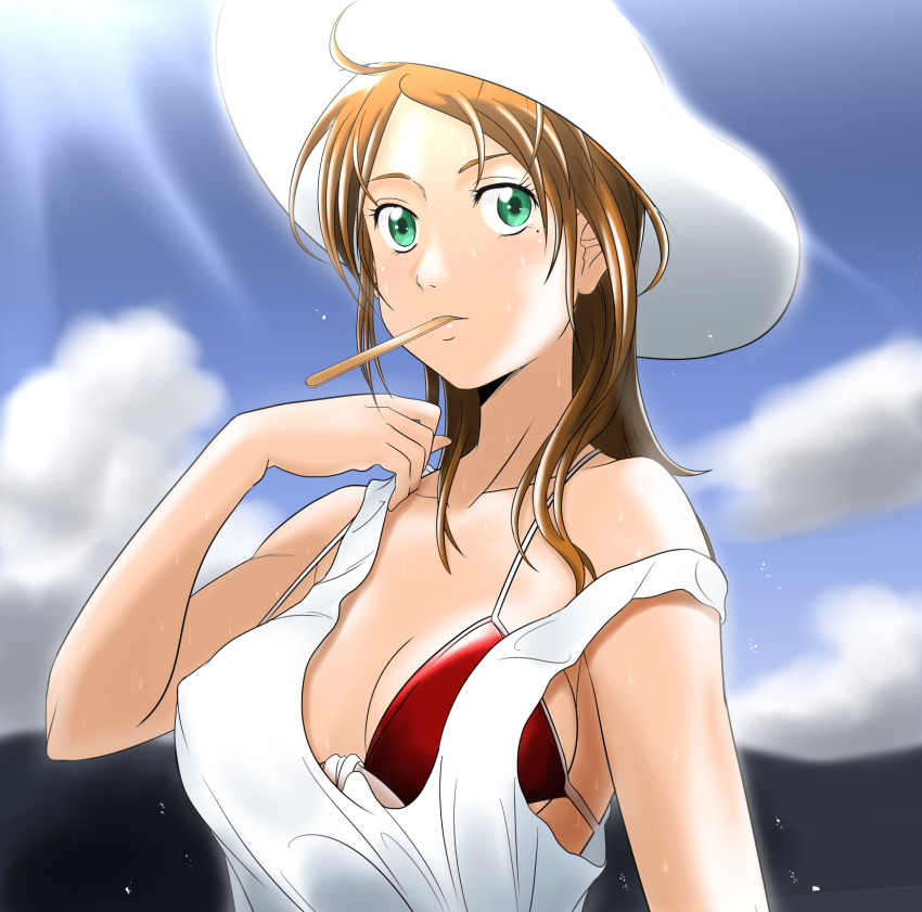 ahoge breasts brown_hair cleavage cloud collarbone day green_eyes hat highres kakkii large_breasts long_hair mouth_hold off_shoulder original outdoors red_bikini_top shirt sideboob sleeveless sleeveless_shirt solo sun_hat underboob upper_body white_hat white_shirt
