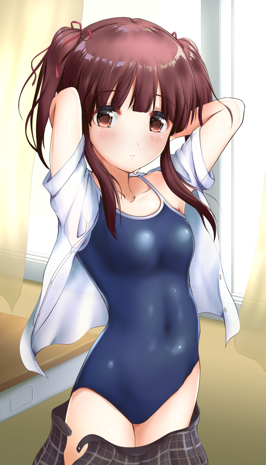 arms_behind_head black_skirt blue_swimsuit brown_eyes brown_hair competition_school_swimsuit cowboy_shot desk highres idolmaster idolmaster_cinderella_girls kuroba_aki looking_at_viewer new_school_swimsuit ogata_chieri one-piece_swimsuit open_clothes open_shirt plaid plaid_skirt pleated_skirt school_desk school_swimsuit school_uniform skirt skirt_removed solo swimsuit twintails window