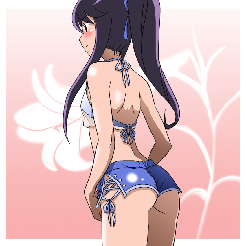 ass blue_ribbon blue_shorts blush breasts cowboy_shot from_behind hair_ribbon heartcatch_precure! highres kakkii leaning_forward long_hair micro_shorts ponytail precure purple_hair ribbon see-through shiny shiny_clothes shorts sidelocks small_breasts solo standing tsukikage_yuri underboob