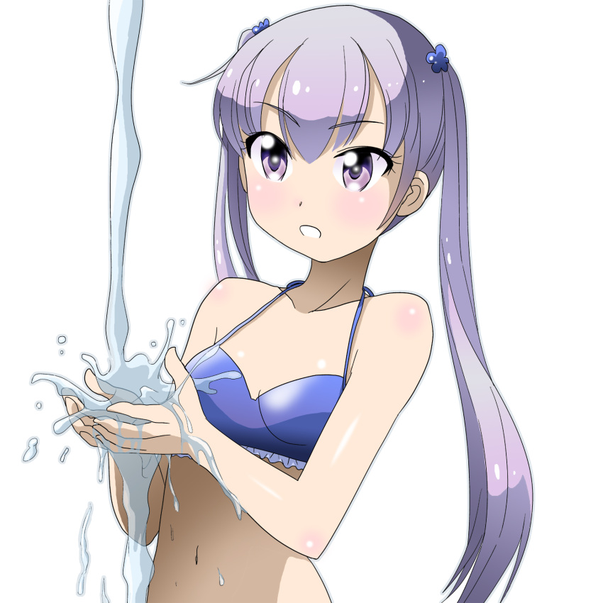 bangs blue_bikini_top breasts cleavage collarbone eyebrows_visible_through_hair hair_between_eyes hair_ornament highres kakkii long_hair navel new_game! purple_eyes purple_hair shiny shiny_clothes shiny_hair shiny_skin simple_background small_breasts solo standing suzukaze_aoba twintails upper_body very_long_hair water white_background