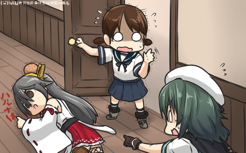 3girls black_hair brown_hair cape commentary_request dated detached_sleeves door dying_message empty_eyes flying_sweatdrops gloves green_hair hair_between_eyes hamu_koutarou haruna_(kantai_collection) hat head_bump headgear highres kantai_collection kiso_(kantai_collection) long_hair low_twintails multiple_girls o_o pleated_skirt pointing sailor_hat school_uniform serafuku shaking_head shirayuki_(kantai_collection) short_twintails skirt sweat tearing_up trembling twintails