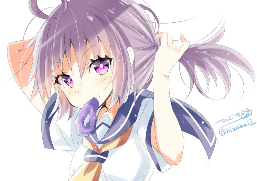 aoba_(kantai_collection) blush breasts eyebrows_visible_through_hair hair_between_eyes hair_tie highres hizaka kantai_collection long_hair looking_at_viewer medium_breasts mouth_hold neckerchief ponytail purple_eyes purple_hair sailor_collar school_uniform serafuku short_sleeves simple_background solo tying_hair white_background