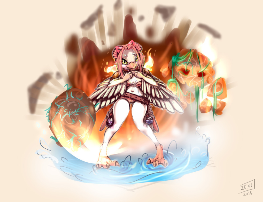 anthro avian bikini bird breasts chicken clothing earth_elemental elemental feathered_wings feathers female fire fur hair invalid_tag melee_weapon pink_hair potion solo swimsuit sword water weapon wings woofmaple yellow_eyes