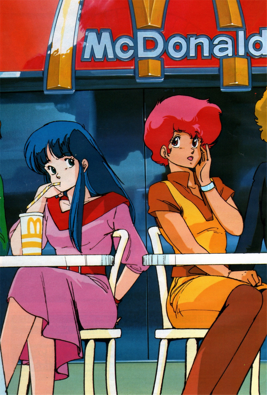 80s arm_behind_back blue_eyes blue_hair bracelet chair dirty_pair dress drinking_straw hand_on_lap hand_on_own_cheek highres jewelry kei_(dirty_pair) long_hair mcdonald's mouth_hold mughi multiple_girls official_art oldschool open_mouth pantyhose pink_dress red_eyes red_hair short_hair short_sleeves sitting sleeves_past_elbows takachiho_haruka yuri_(dirty_pair)