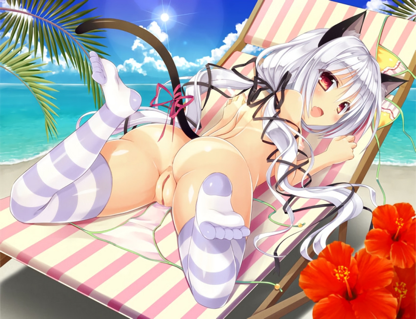 ashishun catgirl long_hair orange_eyes primal_x_hearts stockings tenjindaira_haruhi uncensored waifu2x white_hair