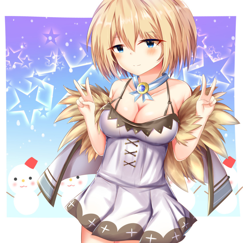 bare_shoulders blanc blue_eyes blush breasts brown_hair cleavage coat collarbone commentary dress fur-trimmed_coat fur_trim highres large_breasts looking_at_viewer neptune_(series) ray_726 shin_jigen_game_neptune_vii short_hair smile snowman solo spaghetti_strap star starry_background v white_dress