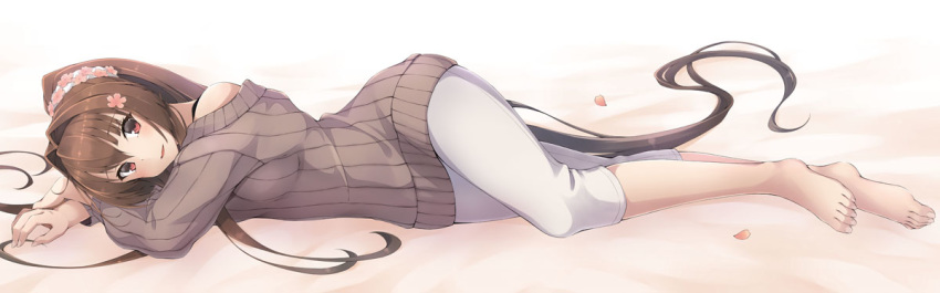arm_pillow barefoot black_bra blush bra bra_strap brown_hair cherry_blossoms flower full_body grey_sweater hair_flower hair_intakes hair_ornament kantai_collection kochipu long_sleeves looking_at_viewer lying navel off_shoulder on_side pants parted_lips ponytail red_eyes ribbed_sweater solo sweater underwear white_pants yamato_(kantai_collection)