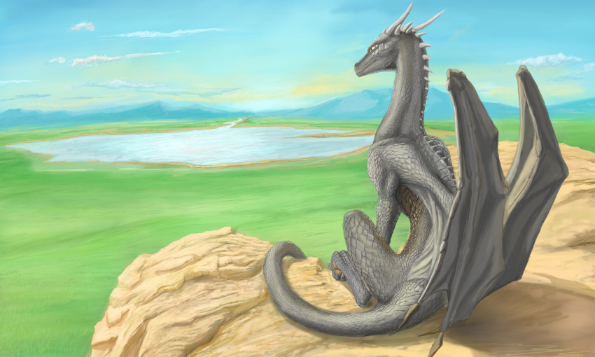 2013 claws day digital_media_(artwork) dragon grey_scales horn kerydragon membranous_wings outside scales scalie sitting sky spines western_dragon wings