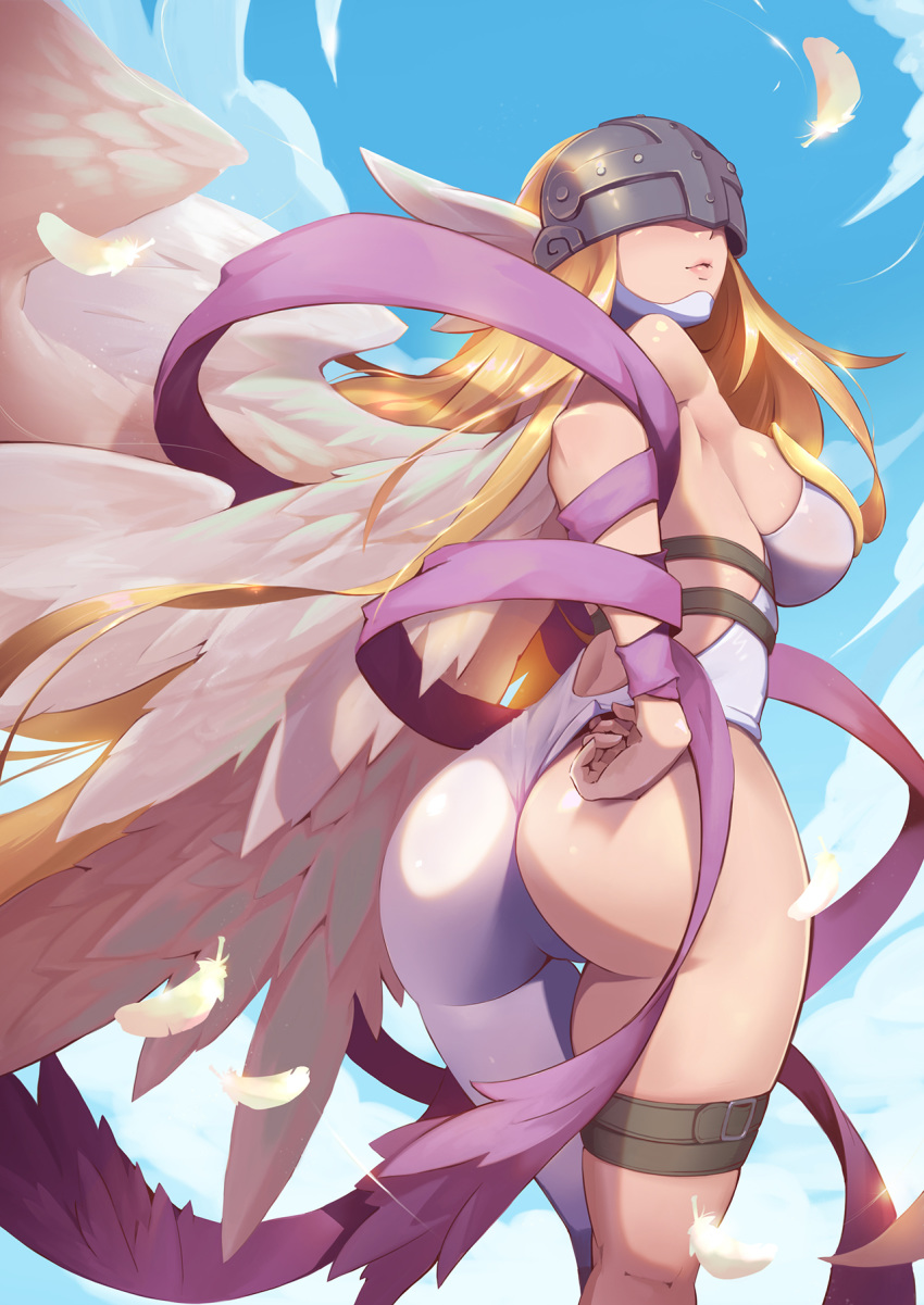 adjusting_clothes angel_wings angewomon arm_behind_back ass asymmetrical_clothes back backless_outfit bare_shoulders belt blonde_hair blue_sky bodysuit breasts closed_mouth commentary cowboy_shot crow_aberdeen day digimon digimon_adventure digimon_adventure_tri. feathered_wings feathers from_behind head_wings helmet highres kneepits large_breasts lips lipstick long_hair looking_back makeup multiple_wings outdoors pink_lips shawl sideboob skin_tight skindentation sky solo standing thigh_gap thigh_strap twisted_torso very_long_hair wedgie wings