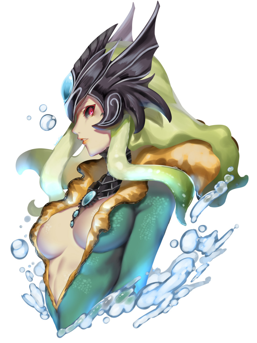 absurdres black_sclera breasts breasts_apart center_opening cropped_torso fish_girl from_side gem green_hair helmet highres kumiko_shiba large_breasts league_of_legends lips long_hair mermaid monster_girl nami_(league_of_legends) parted_lips red_eyes sidelocks simple_background solo upper_body water white_background white_skin