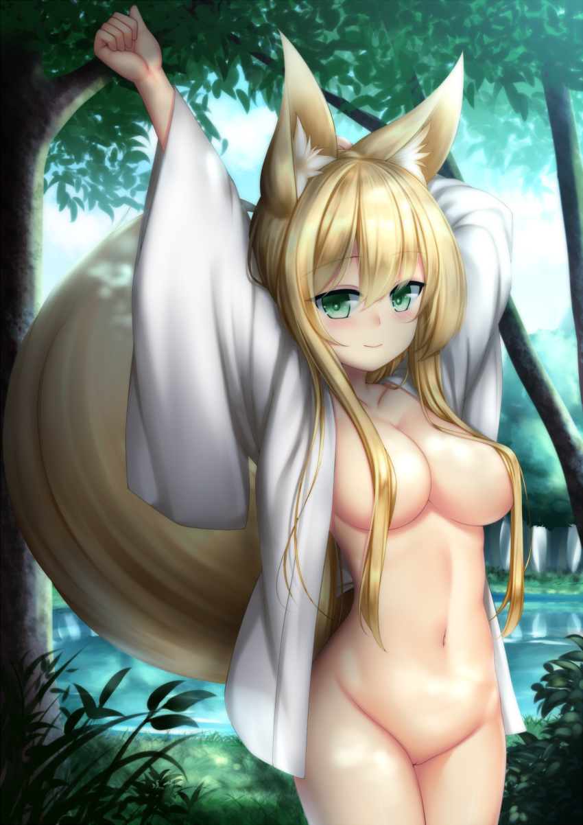 animal_ears arm_behind_head arms_up blonde_hair blush bottomless breasts commentary_request day eyebrows_visible_through_hair fox_ears grass green_eyes hair_between_eyes hair_censor hair_over_breasts highres himeka_chiyako long_hair looking_at_viewer medium_breasts minaha_(playjoe2005) nature navel open_clothes original outdoors pussy smile solo tree wide_sleeves