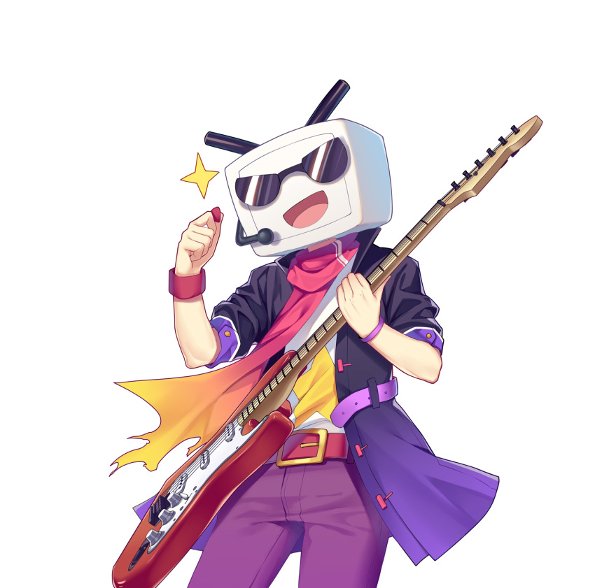 :d akabane_(pixiv3586989) belt bilibili_douga cowboy_shot gradient_scarf guitar highres instrument jacket music official_art open_mouth pants playing_instrument plectrum purple_belt purple_pants purple_wristband red_wristband scarf simple_background smile standing sunglasses wristband